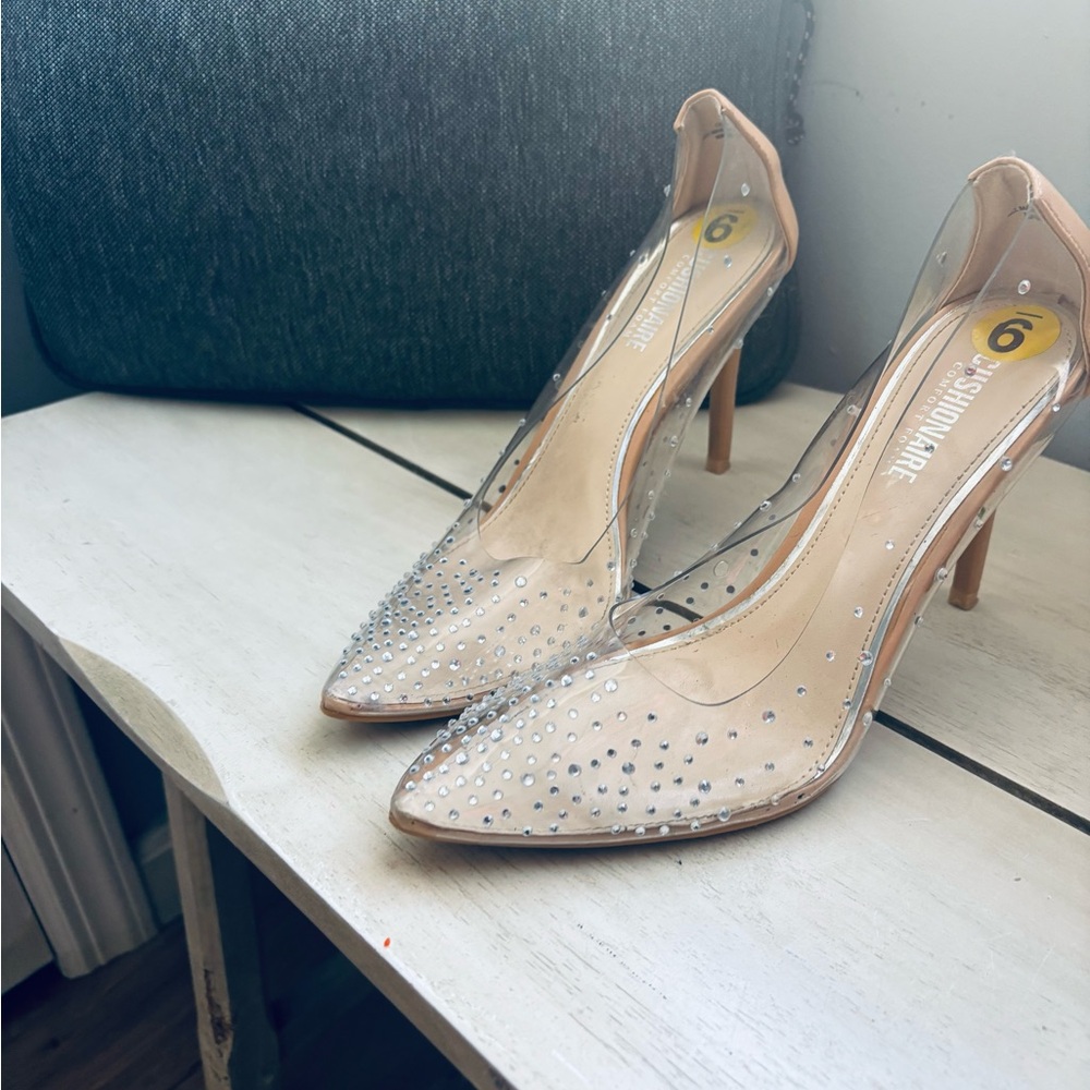 Shoe Dazzle Clear and Tan Embellished Heels